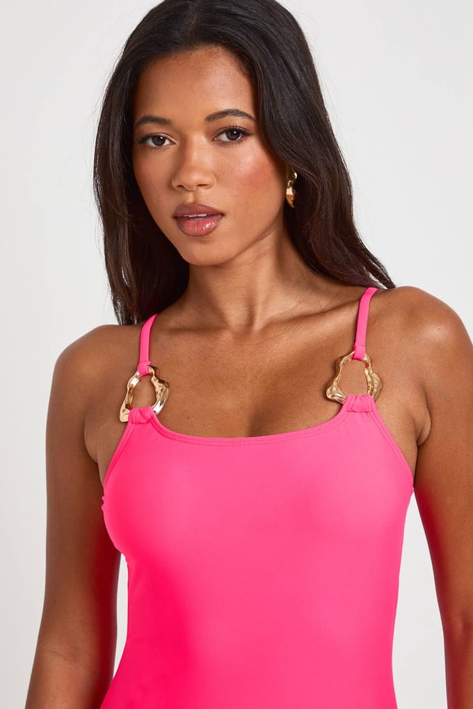 boohoo Dames Badpak Met Vierkante Hals En Goudkleurige Details | Felroze | Maat: 44