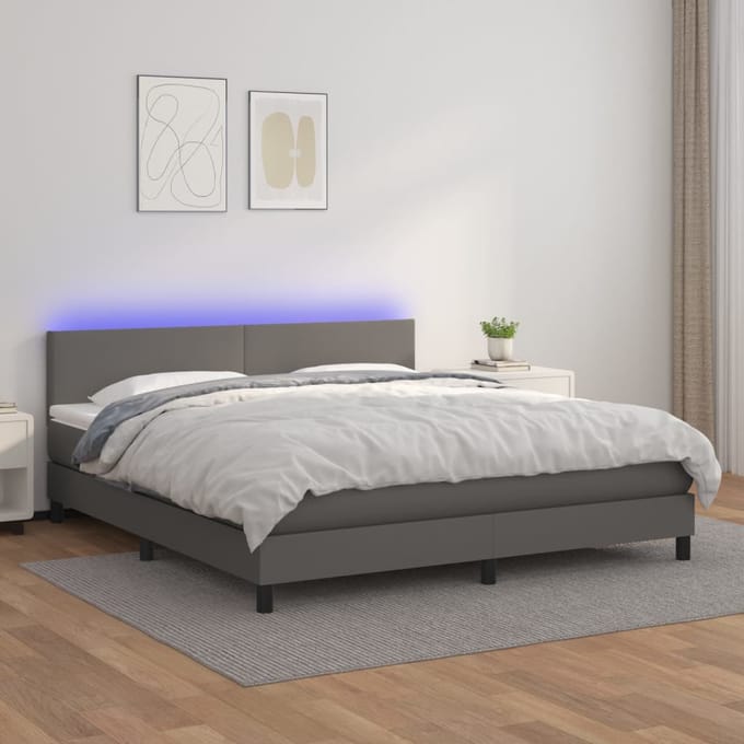 vidaXL - Boxspring - met - matras - en - LED - kunstleer - grijs - 160x200 - cm