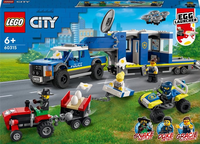 LEGO® City Mobiele commandowagen politie 60315 bouwset voor kinderen vanaf 6 jaar; met een pick-uptruck en aanhanger met gevangenis, een terreinwagen en een drone, een tractor met eier-aanhanger en 4 minifiguren (436 onderdelen)