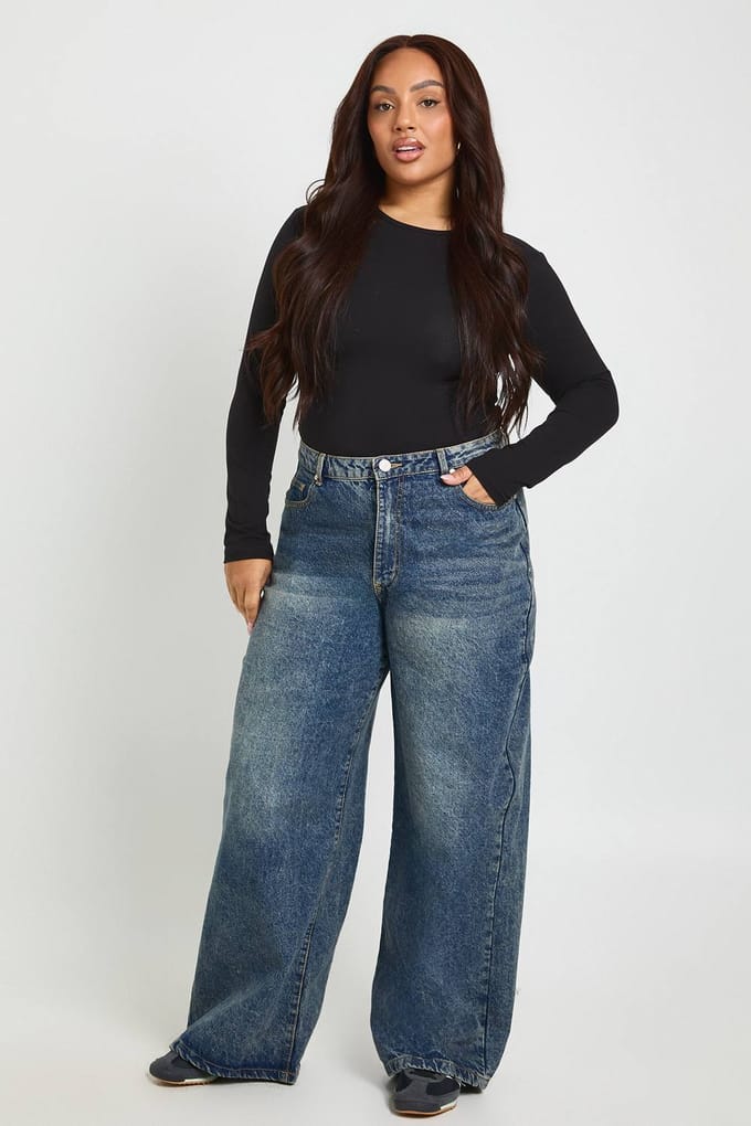 boohoo Dames Plus Lange Mouwen Ronde Hals Bodysuit | Black | Maat: 28