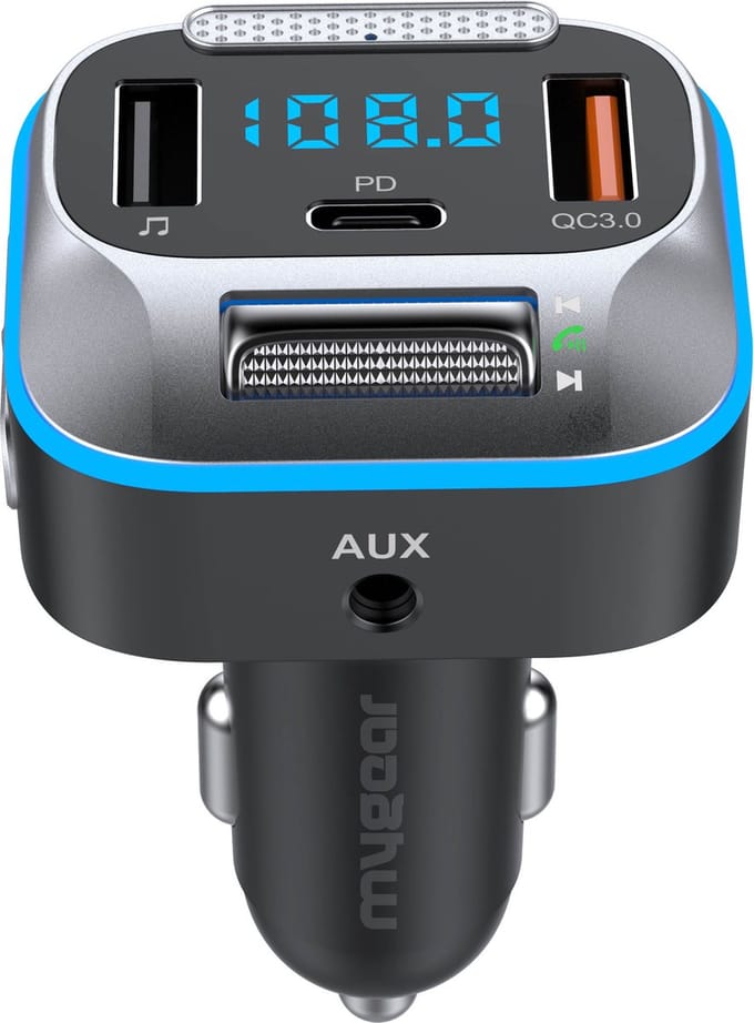 MyGear Bluetooth FM Transmitter - Auto Lader - Carkit - Snellader - USB-C Poort -  Handsfree Bellen - Voor Alle Telefoons - Bluetooth Audio Receiver - 7 Kleuren