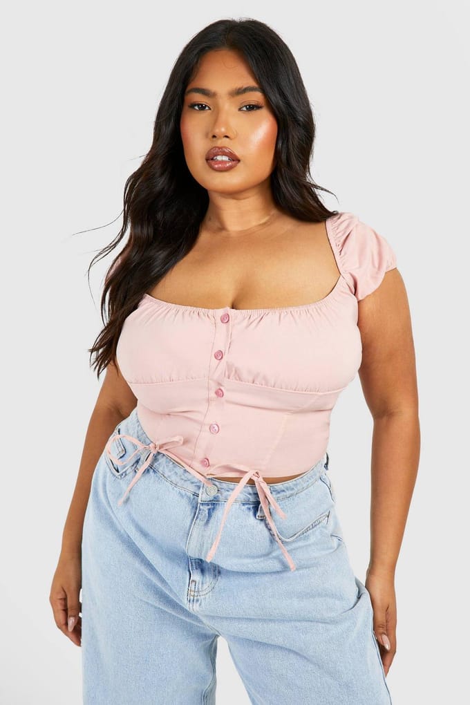 boohoo Dames Plus Milkmaid Pofmouw Bengaline Korset Top | Roos | Maat: 56