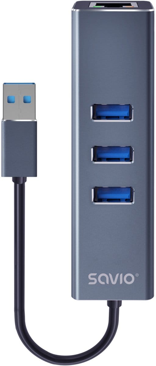 Savio Hub Usb 3.1 Voor Laptopcomputer Met Rj45-Adapter, 3 Poorten, Snelle Overdracht