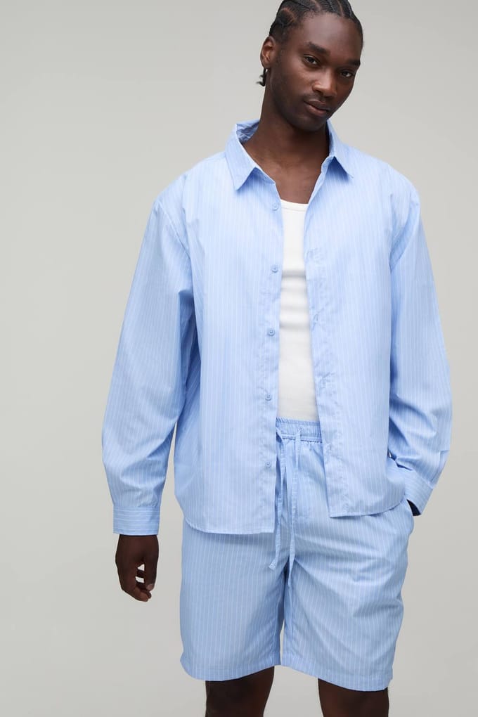 Tall Stripe Oversized Boxy Shirt & Baggy Short Set | Blue | Size Medium