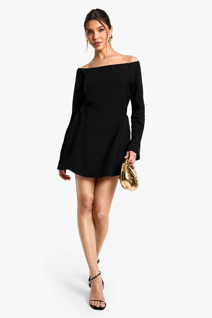 boohoo Dames High Bardot Tie Back Skater Jurk | Black | Maat: 14