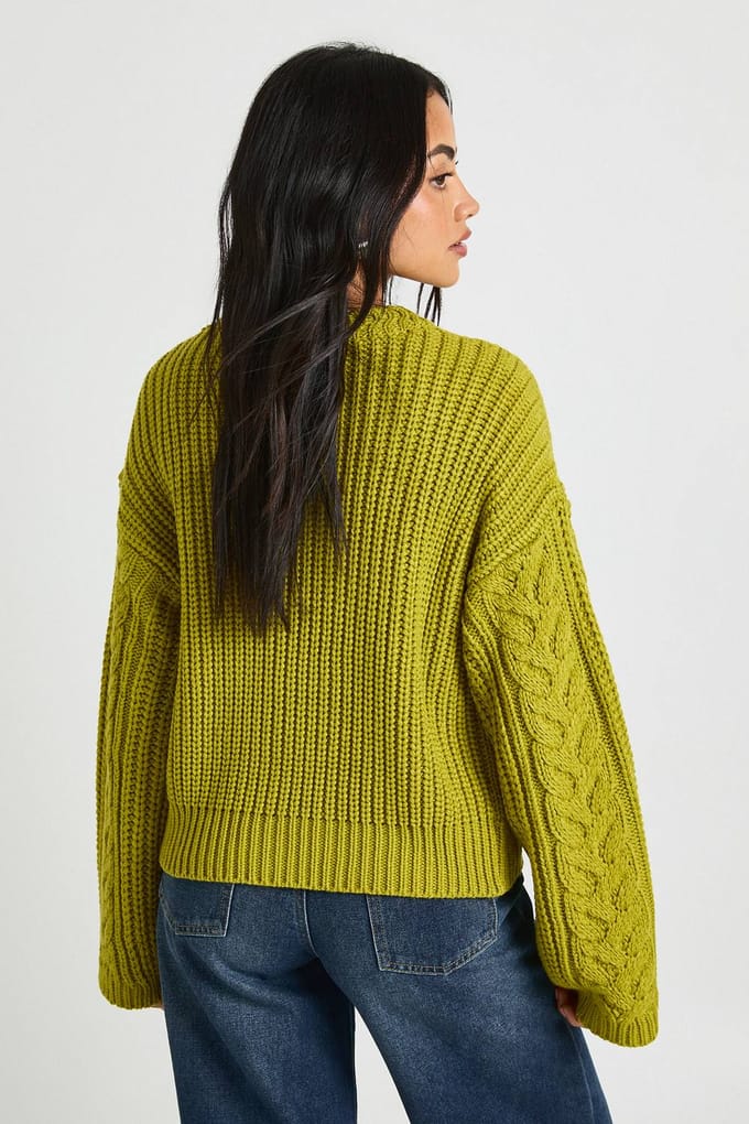 boohoo Dames Stoere kabelgebreide trui | Chartreuse | Maat: Small