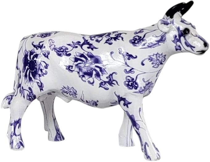 stieren beeld delfts blauw - stier - 22x8x17 cm - polystone - blauw wit