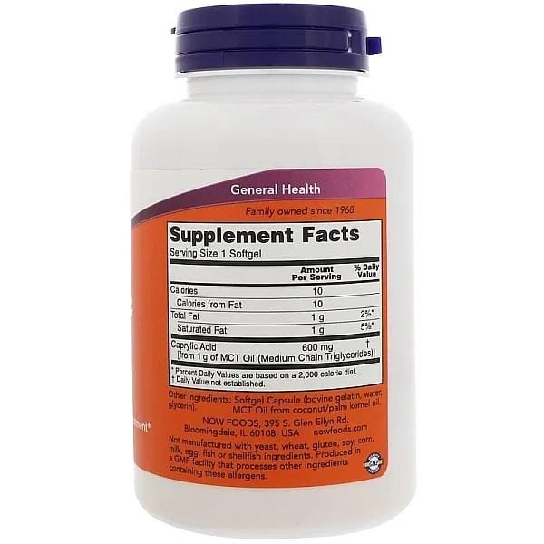 NOW Supplementen, Caprylzuur 600 mg, MCT (Medium-Chain Triglyceriden), 100 softgels