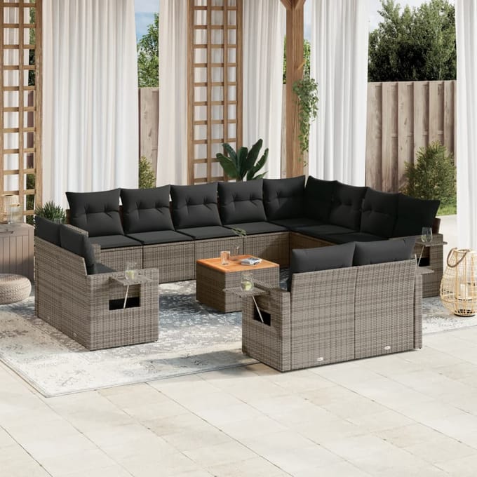 vidaXL - 13-delige - Loungeset - met - kussens - poly - rattan - grijs