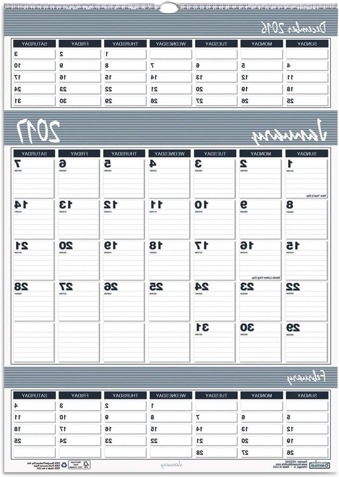 Wandkalender Drie Maanden - Jaarkalender Planner - Planning Thuis - Drie Maanden Per Pagina - 15.5 x 22 inch - Blauw