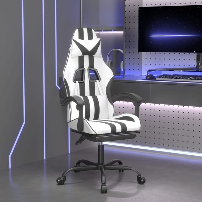 vidaXL - Gamestoel - met - voetensteun - kunstleer - wit - en - zwart
