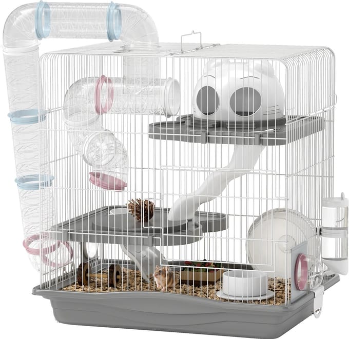 Pawut Cage hamsterkooi, 3-laags kleine dierenkooi met loopwiel, tunnel, voerbak, nis en oploop, voor dwerghamsters