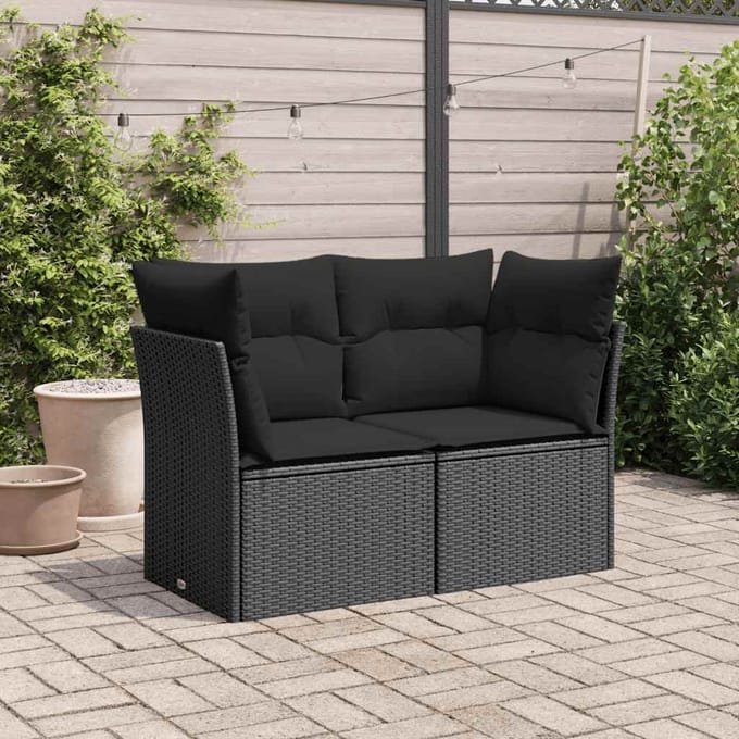 vidaXL - Tuinbank - met - kussens - 2-zits - zwart - poly - rattan