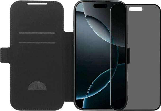 BlueBuilt Apple iPhone 17 Pro Max Book Case Leer Zwart + BlueBuilt iPhone 17 Pro Max Privacy Screenprotector Glas