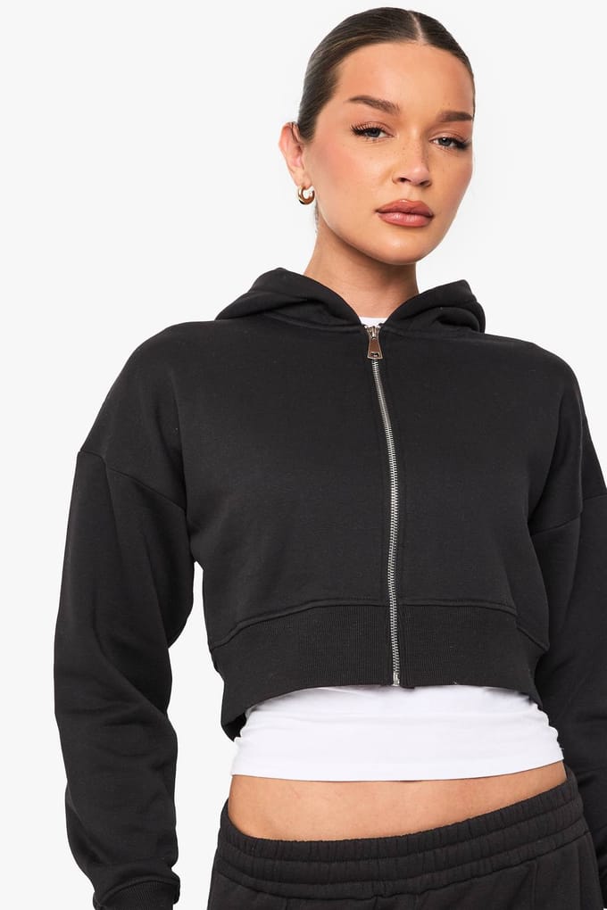 boohoo Dames Ingekrompen Zip Through Hoodie | Zwart | Maat: Medium