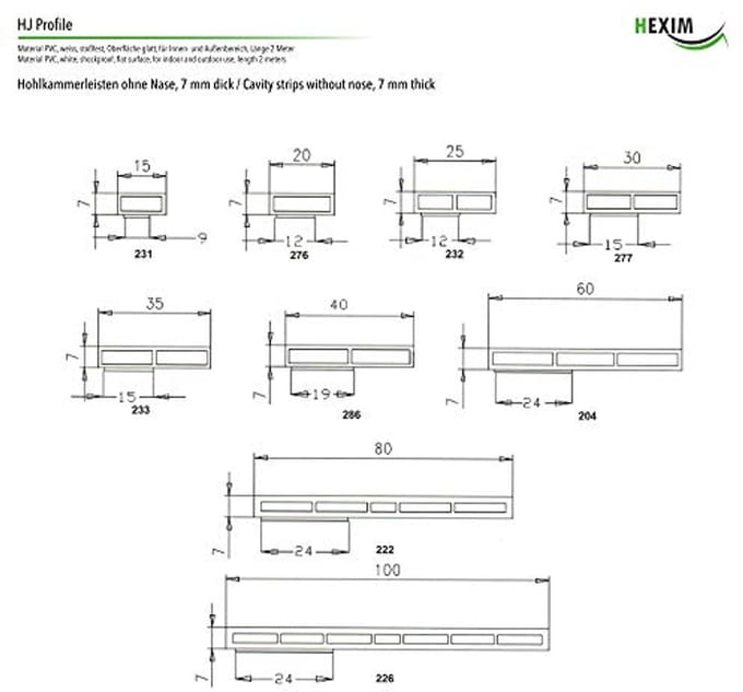Holle PVC Afdeklijsten 7mm - Schuimtape en Overhang Opties - 2 Meter per Lijst