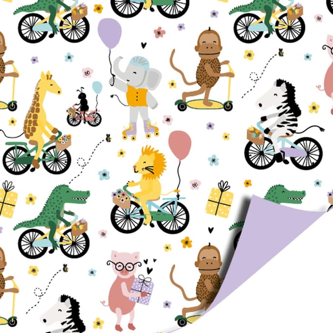 2 Kleine rollen - Cadeaupapier 30 cm - Party Animals wit - Lila