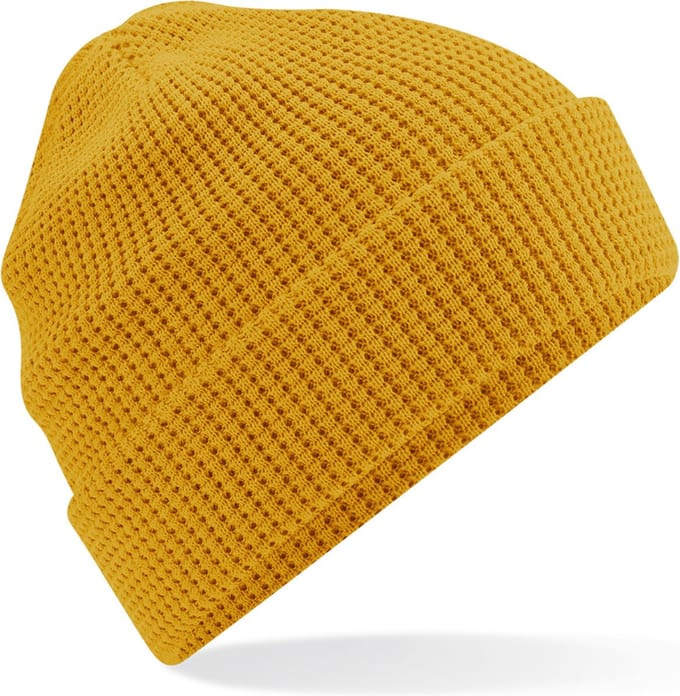 Heren Beanie Wintermuts wafelstructuur mosterd geel 100% biologisch katoen