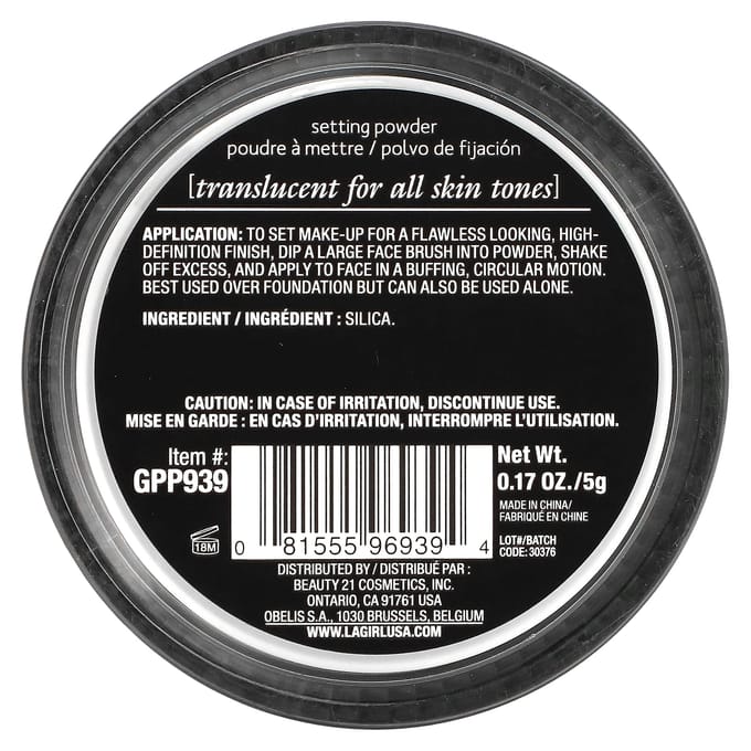 L.A. Girl, Pro Hd Setting Powder, Gpp939 Translucent, 5G(0.17Oz) black