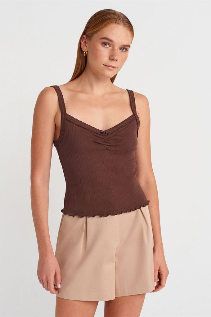 Katoenen Geribbelde Blouse met Vierkante Halslijn