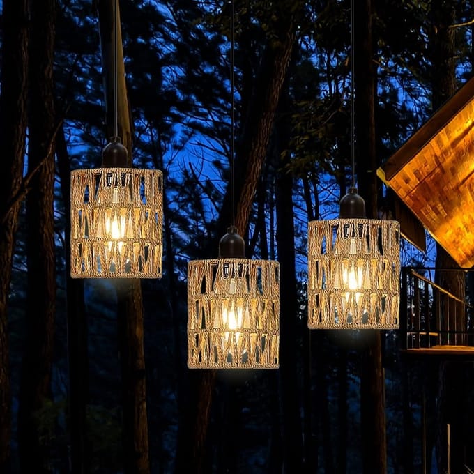 Boho Rotan Hanglamp Set van 3 voor Buiten, Batterij Inclusief