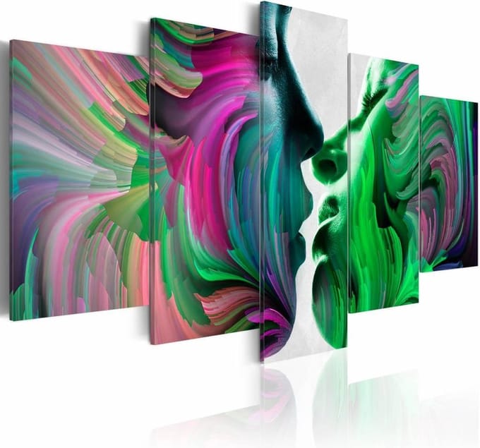Schilderij - Kleuren van Liefde , kus , multi kleur , 5 luik