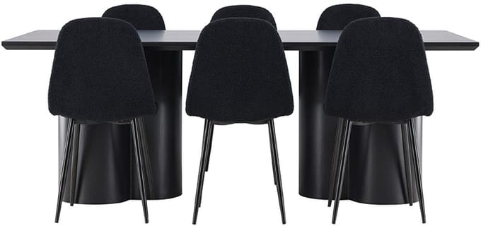 Olivia eethoek tafel 100x210cm en 6 teddy stoelen zwart.
