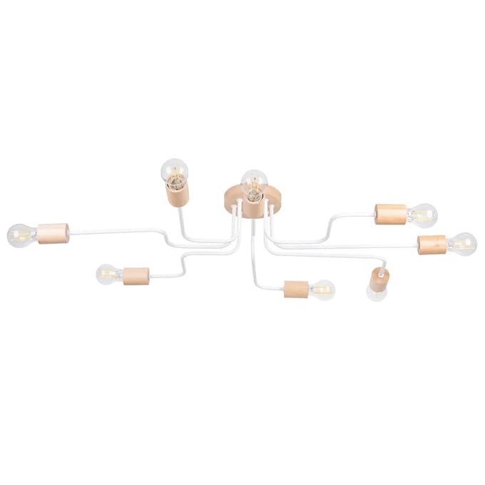 Kroonluchter TIMBO 8 met 8 armen en houten details - Sollux Lighting - IP20 - Wit/natuurlijk hout staal/hout behuizing - 100 x 60 x 16.5 cm - 8 x E27 LED, exclusief lichtbron - 8 x 15 W - Industriële kroonluchter voor gang, hal en keuken
