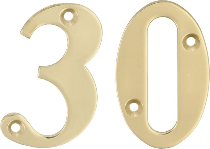 AMIG Huisnummer 30 - massief messing - 5cm - incl. bijpassende schroeven - gepolijst - goudkleur