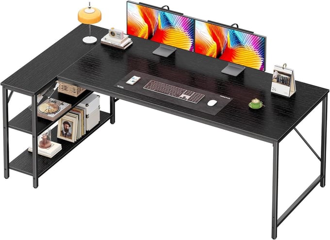 L-vormig Bureau Hoekbureau met Opbergplanken - 160cm Computerbureau voor Thuiswerken en Gaming