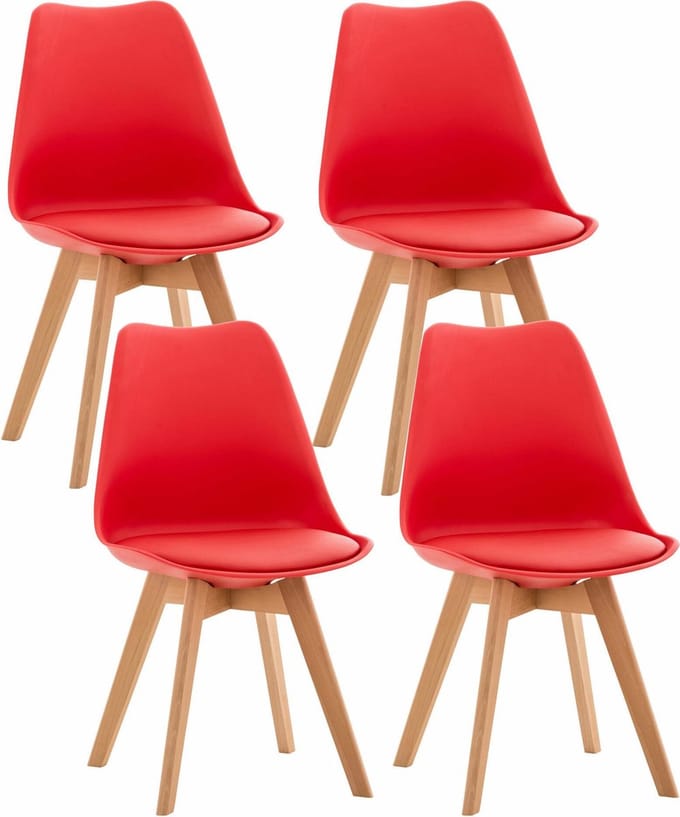 CLP Set van 4 Eetkamerstoelen Linares - met rugleuning - beukenhouten frame - Kunststof/rood