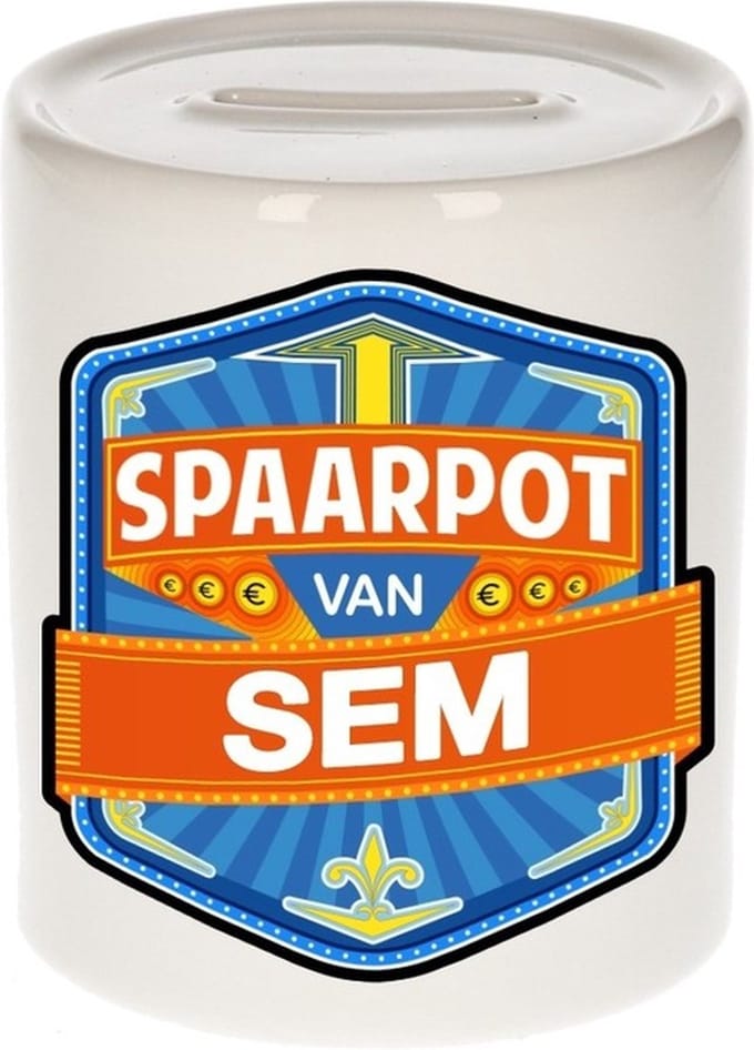 Bellatio Decorations Kinder spaarpot met naam - Sem - keramiek - met dop - wit - Sparen - Spaargeld van Sem