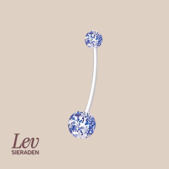 Lev Sieraden - 1.6x38mm Zwangerschapspiercing - Glitter bombs blauw - UV acryl piercing - PTFE/Bioplast/Bioflex