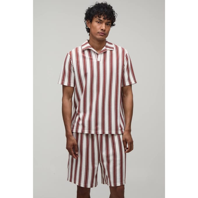 Regular Fit Gestreept Revere Polo & Shorts Set | Brown | Size Medium