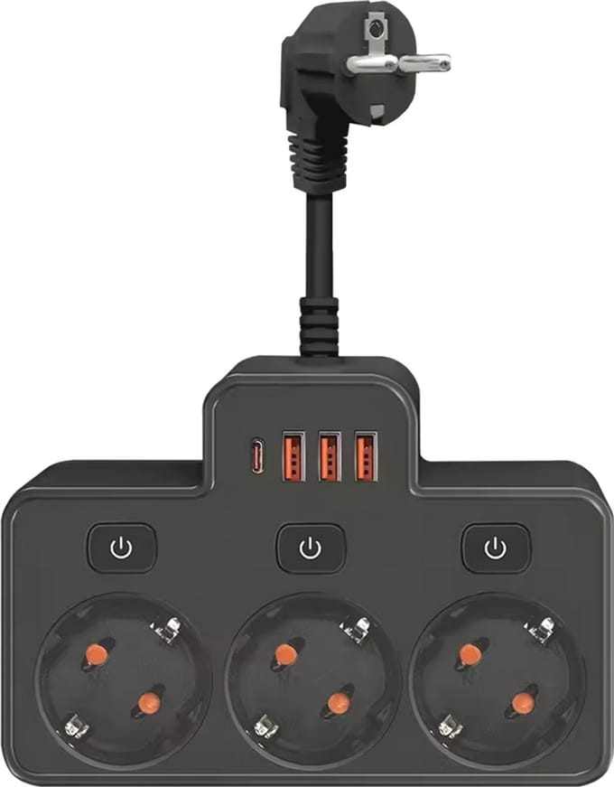 Flexibele Stekkerdoos - 3x USB 2.0 - USB-C - 3x Stekker