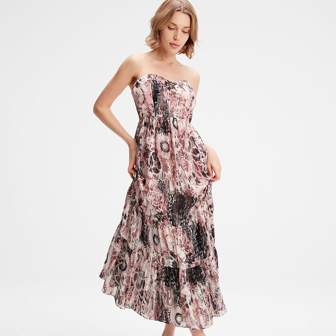 Bustier Chiffon Maxi -jurk met abstracte bloemenprint