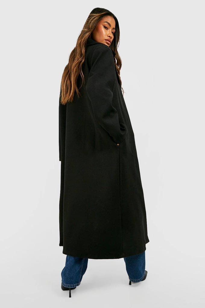 boohoo Dames Oversized Maxi Wol-Look Jas | Zwart | Maat: 42