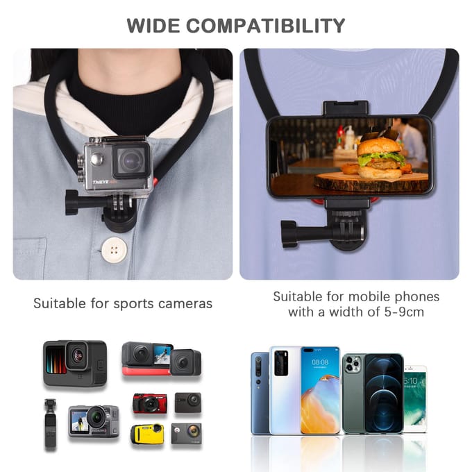 Sportcamera-nekhouder Mount Smartphone-nekhouder Borsthouder met actiecamera-adapter zwart
