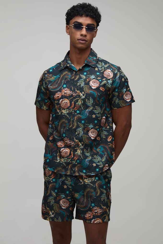 Drakenprint Regular Fit Overhemd & Short Set | Black | Size Medium
