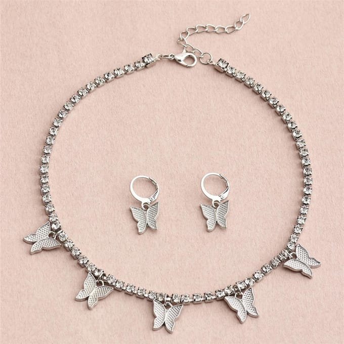 Accessoires, Collier Chaîne Griffe Cinq Papillons, Ensemble Collier Boucles d'Oreilles Papillon Diamant Éclatant argenté