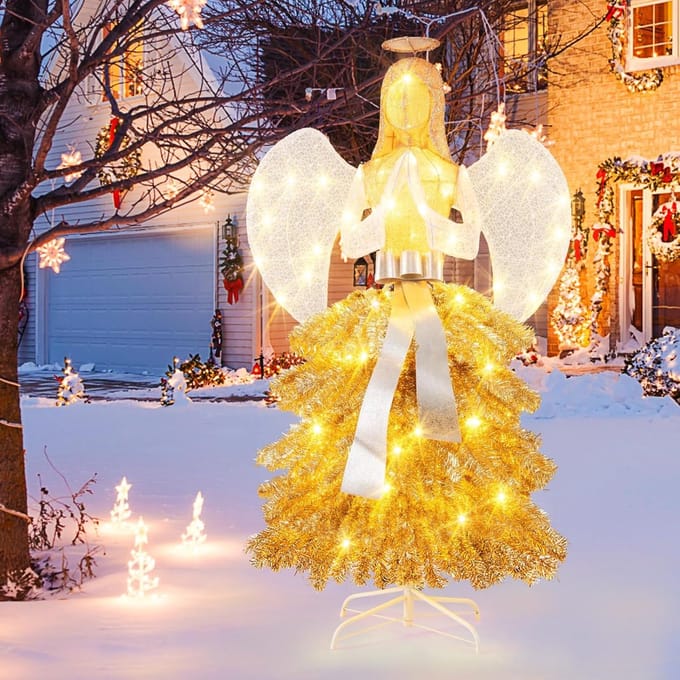 COSTWAY 150 cm verlicht kerstfiguur, engel met warmwitte LED-lampjes