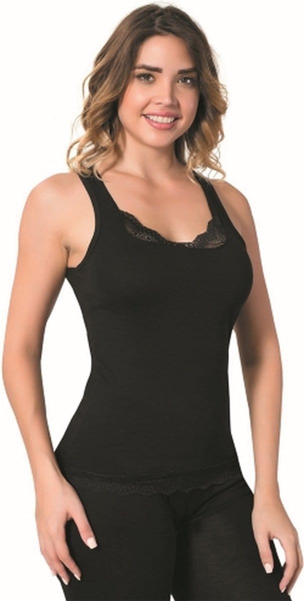2 pack-Dameshemd Met Brede Band en Kant-Onderhemd Voor Dames-Zwart-M