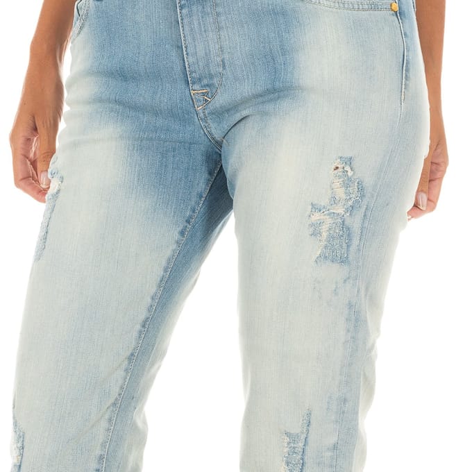 Lange denim broek met rechte zoom gesneden 10DBF0231 vrouw