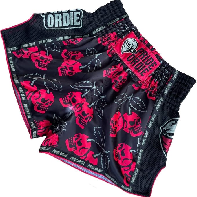 PRIDEorDiE Cherry Choke Muay Thai Shorts Zwart Rood - L