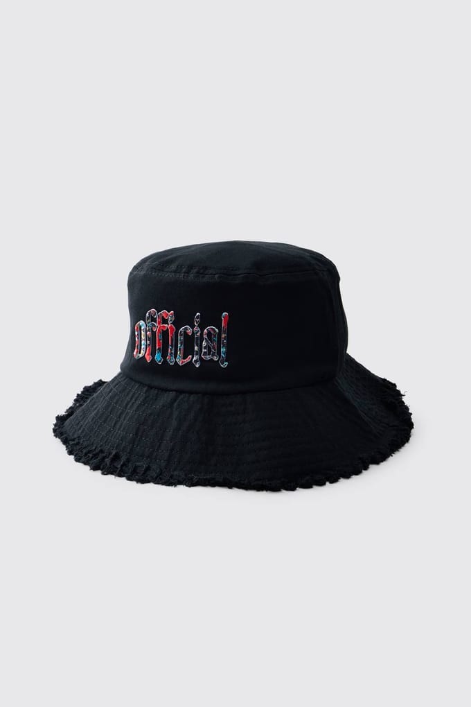 Bucket Hat With Distressed Edge Brim & Tapestry Applique | Black