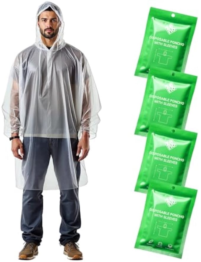 Waterdichte regenponcho set van 4 - Compacte noodbescherming met capuchon en mouwen