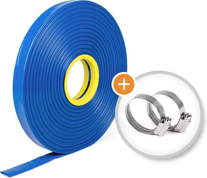 Rubbermagazijn - Verstevigde - platte waterslang - Rol 10m - Ø 35mm - Incl. 2x Slangklem - Flexibel & Scheurvast