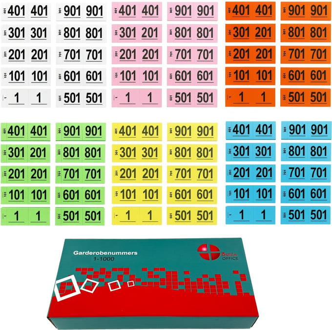 Benza - Garderobenummers cloakroom – Set 1 t/m 1000 – Dubbele Tickets - 6 kleuren