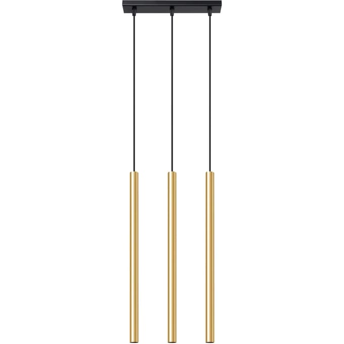 Hanglamp PASTELO 3L met 3 slanke buizen in lijn - Sollux Lighting - IP20 - Glanzend goud staal behuizing - 30 x 5 x 90 cm - 3 x G9 LED, exclusief lichtbron - 3 x 8 W - Moderne hanglamp voor woonkamer, slaapkamer en eetkamer