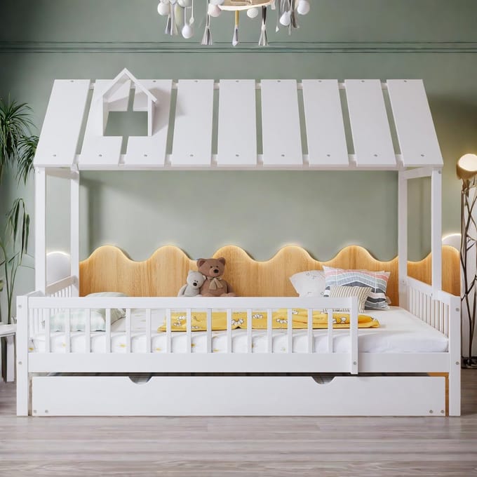 Huisbed Kinderbed 120x200cm met Uitschuifbed en Veilige Omheining
